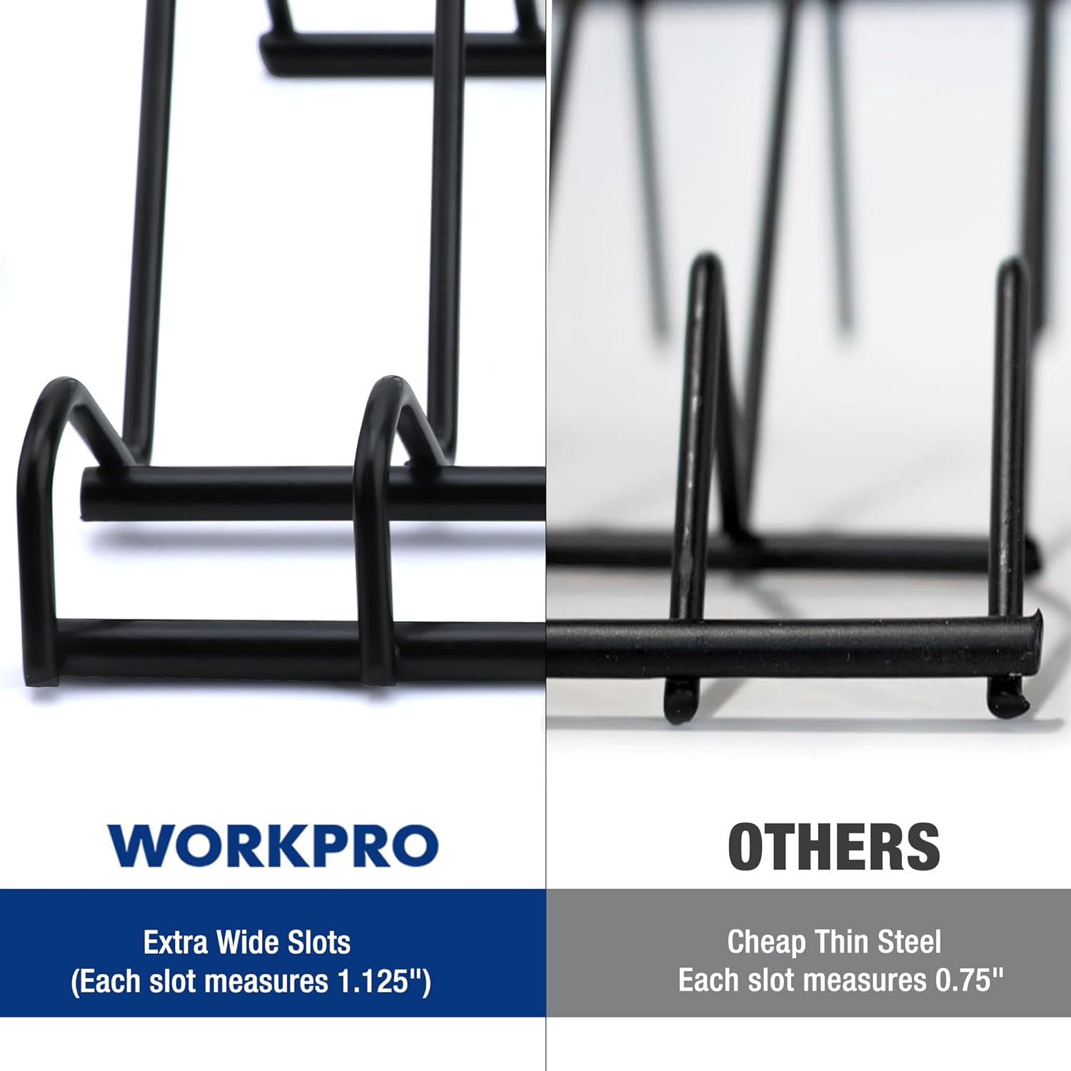 Black plier organizer rack with extra-wide slots and side-by-side comparison