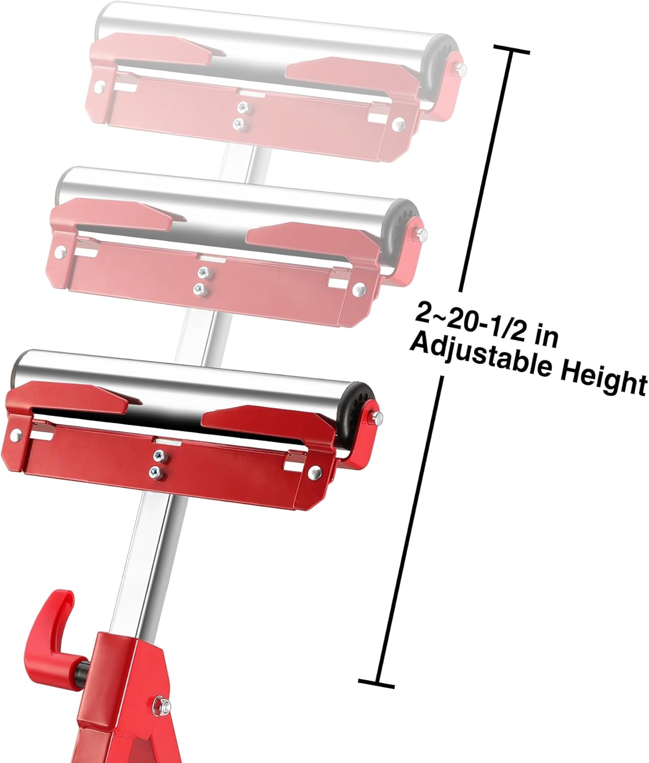 Red height-adjustable folding roller stand, showing adjustable roller positions on steel frame