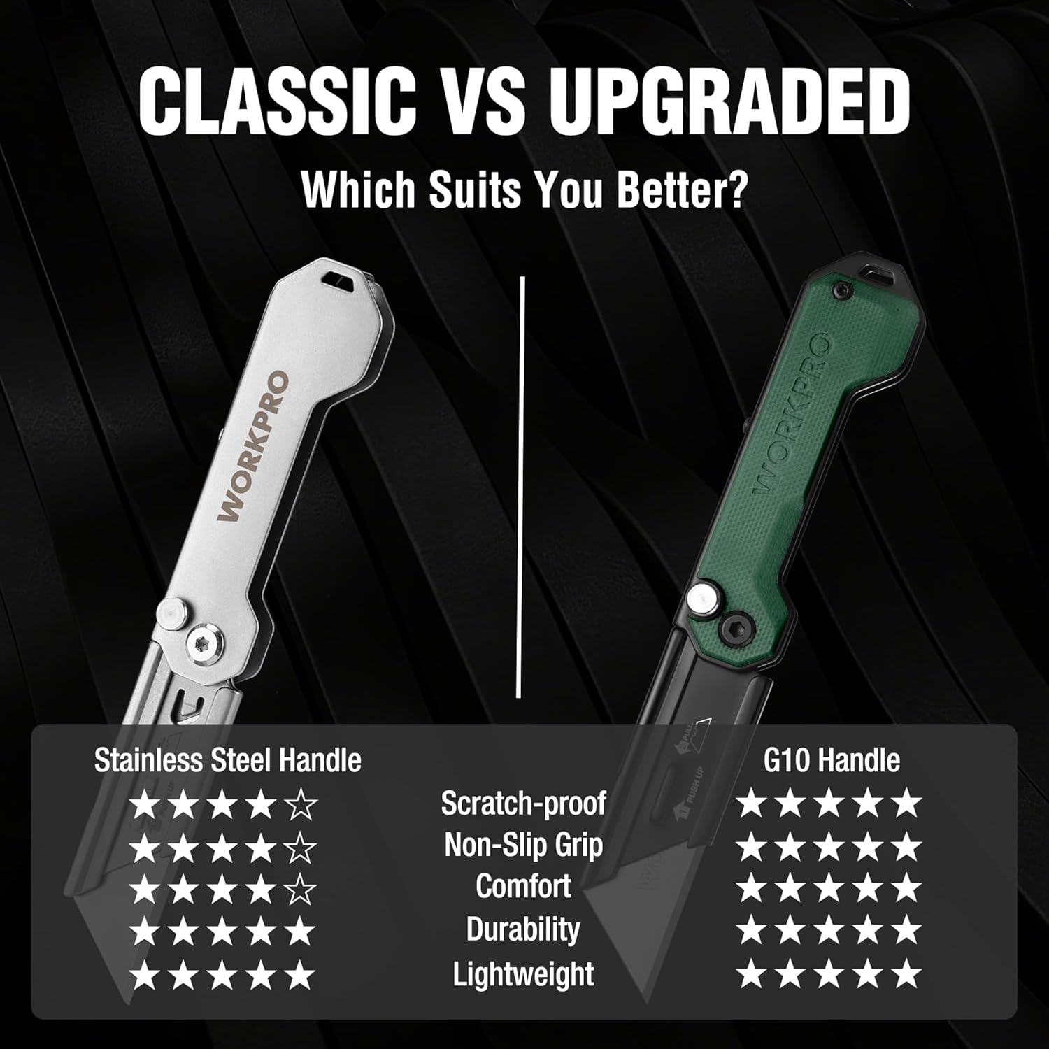 Two folding utility knives with white and green handles, compact box-cutter blades
