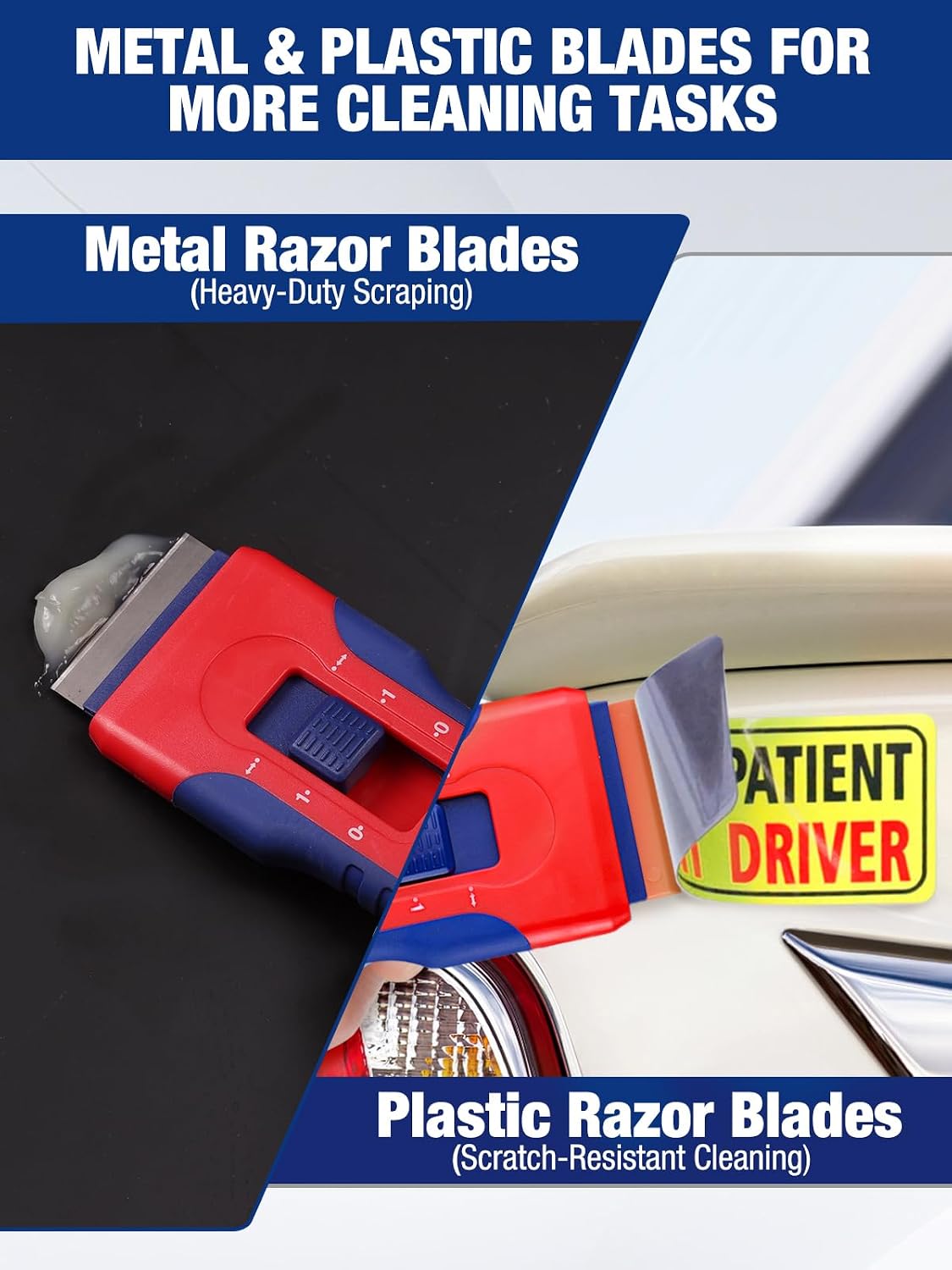 Retractable scraper with metal and plastic razor blades, red-and-blue plastic scraper body