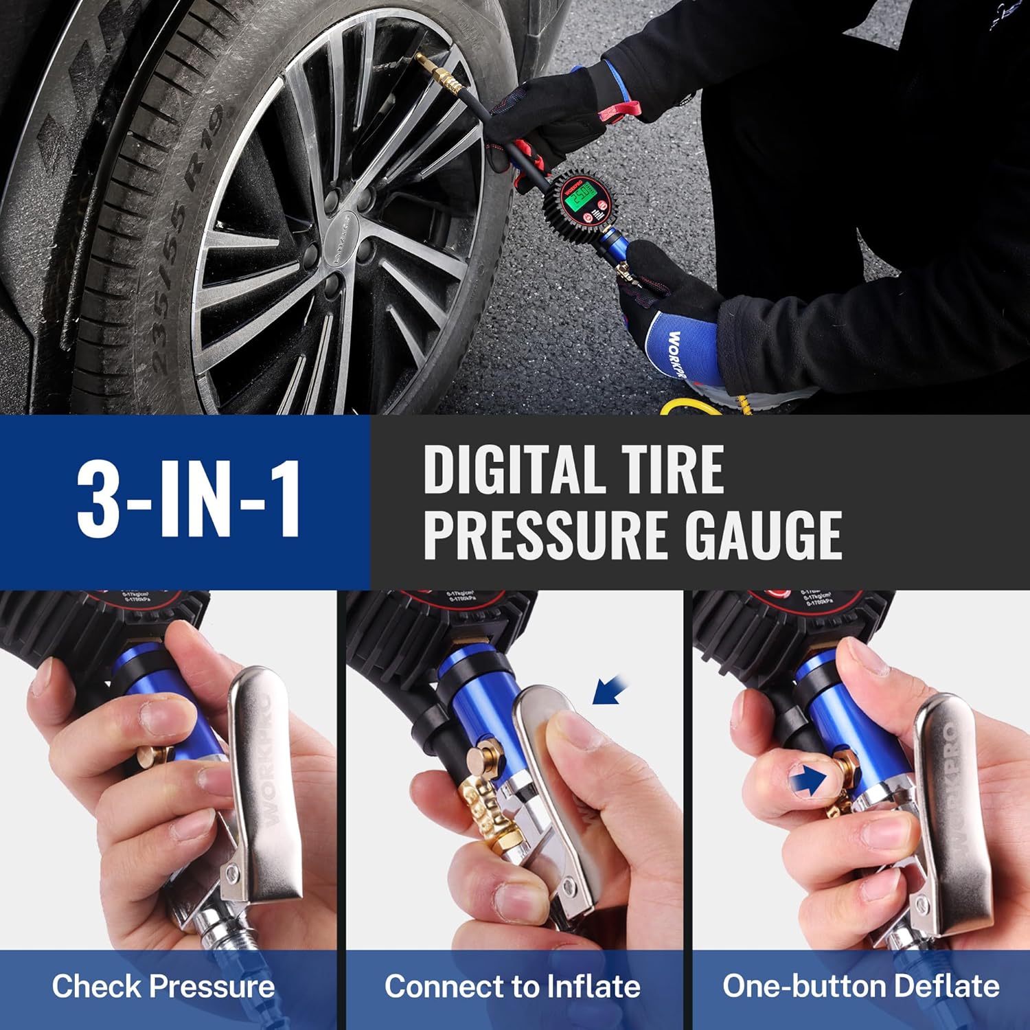3-in-1 digital tire pressure gauge with inflator hose and one-button deflate