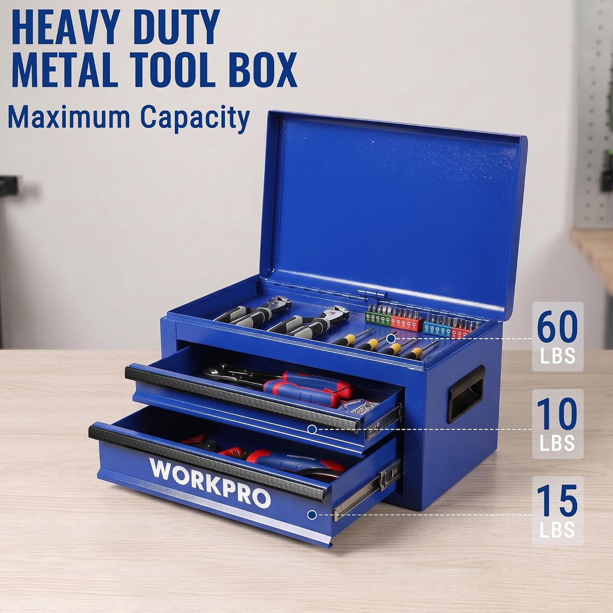 WORKPRO 15-Inch Metal Tool Box with 2 Drawers & Top Storage, Blue