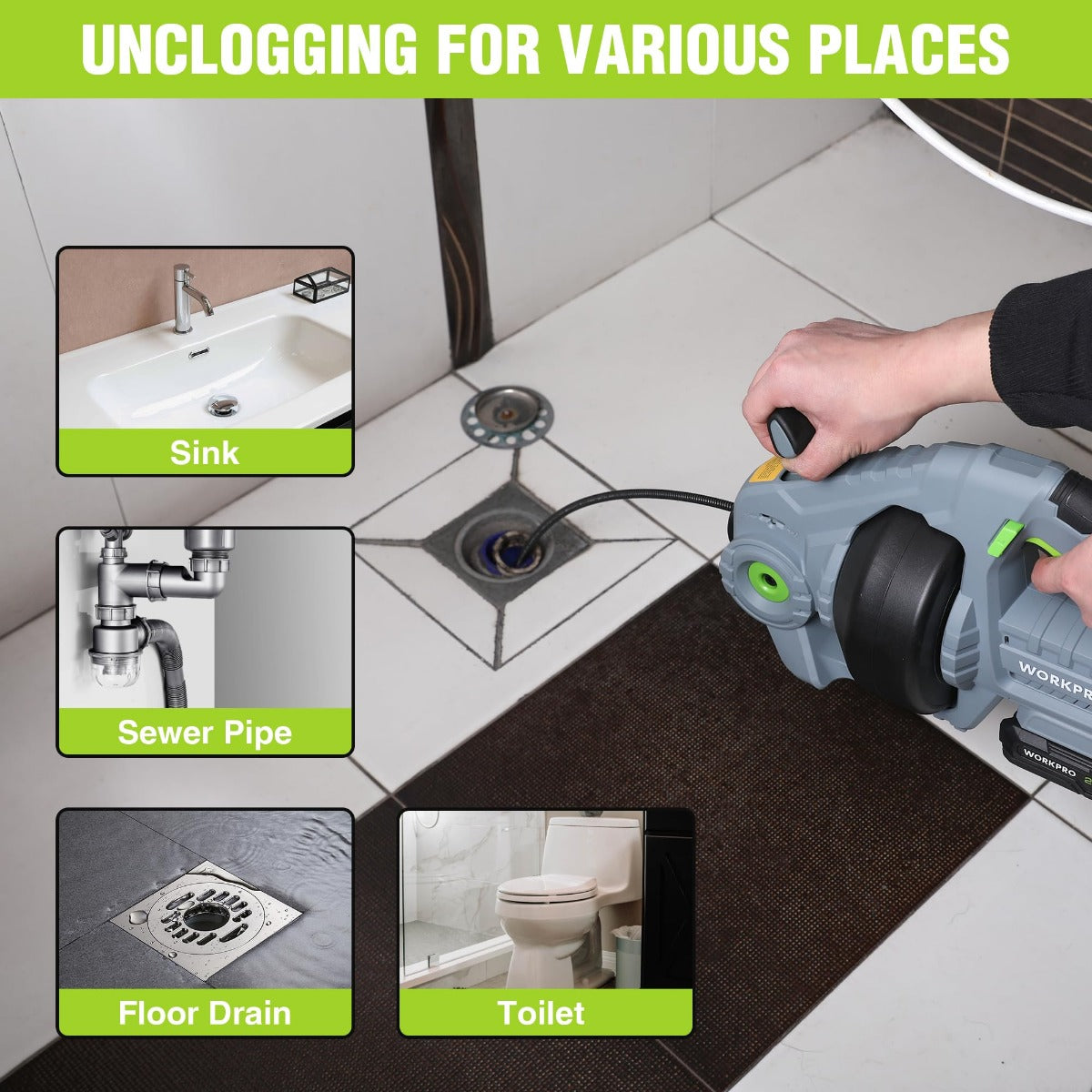 Electric drain auger in use near sink, sewer pipe, floor drain, and toilet drains