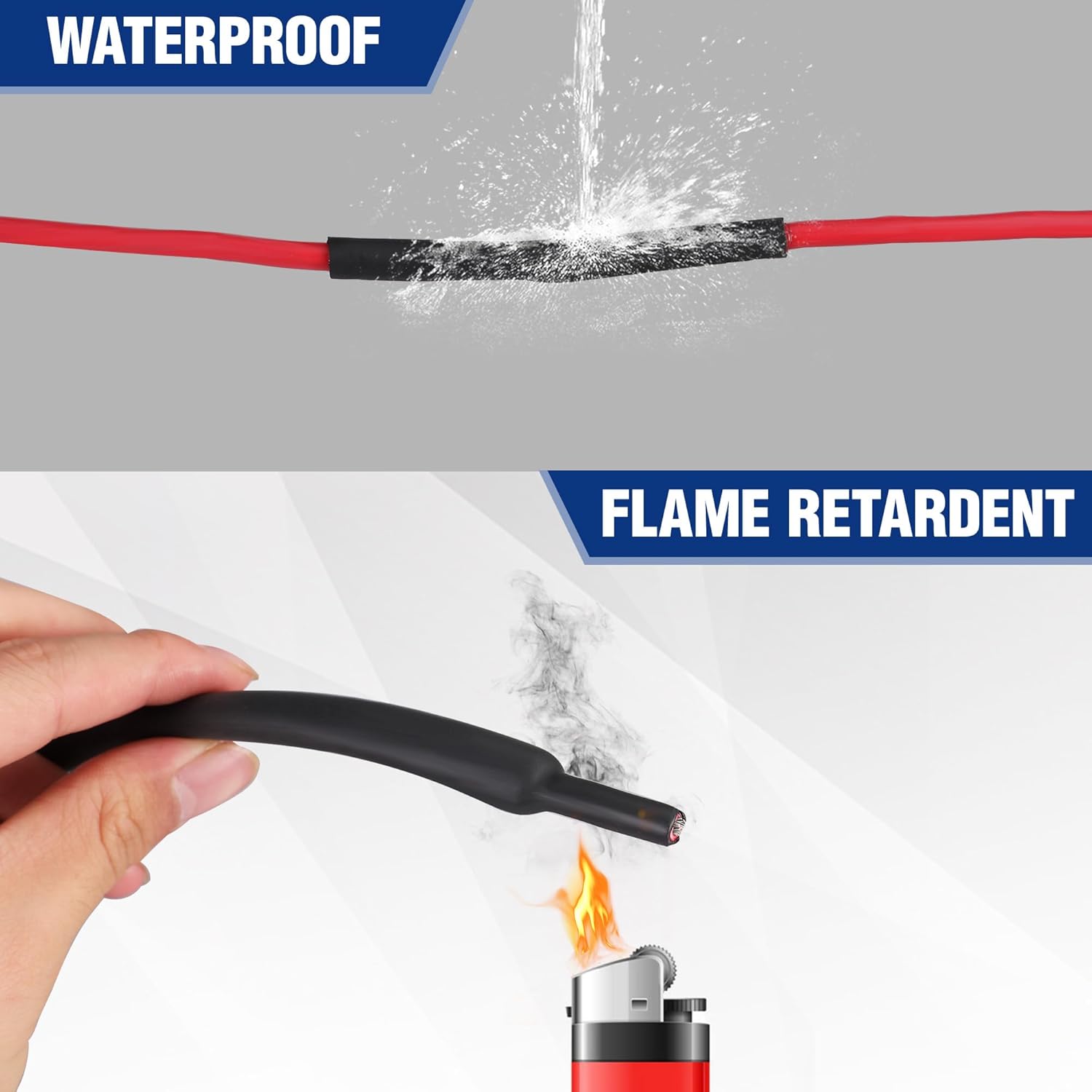 Black heat shrink tubing section with waterproof and flame-retardant protection features.