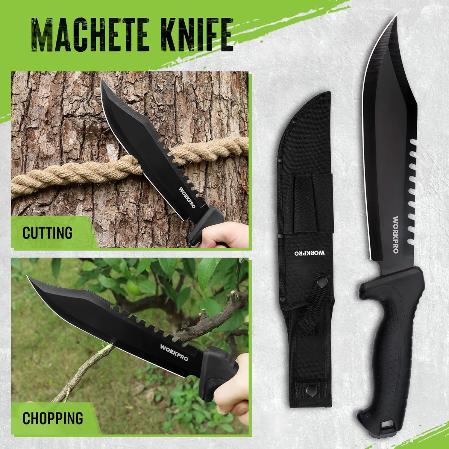 Machete-style knife with rope-wrapped handle and black sheath