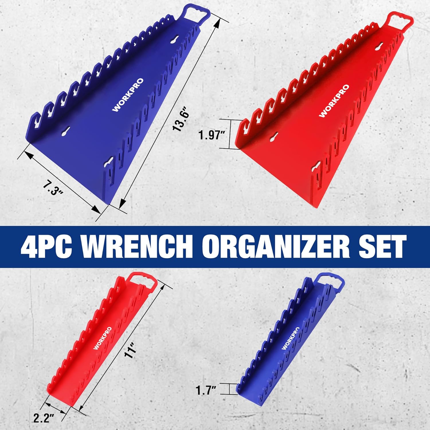 Magnetic wrench organizer rack set with blue and red gripper holders and carrying handles
