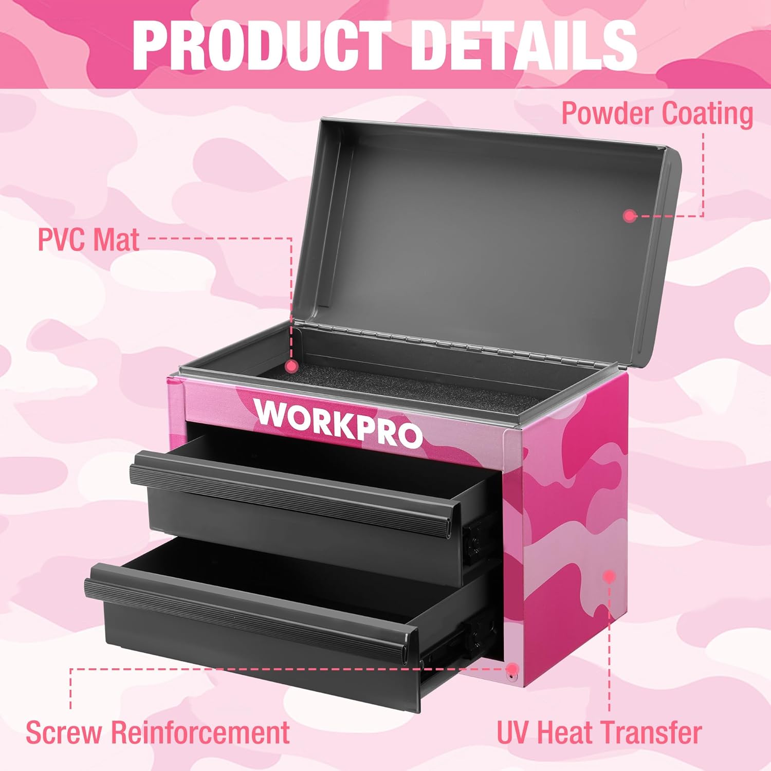 Pink camo mini tool chest with open lid and two black drawers, showing interior tray