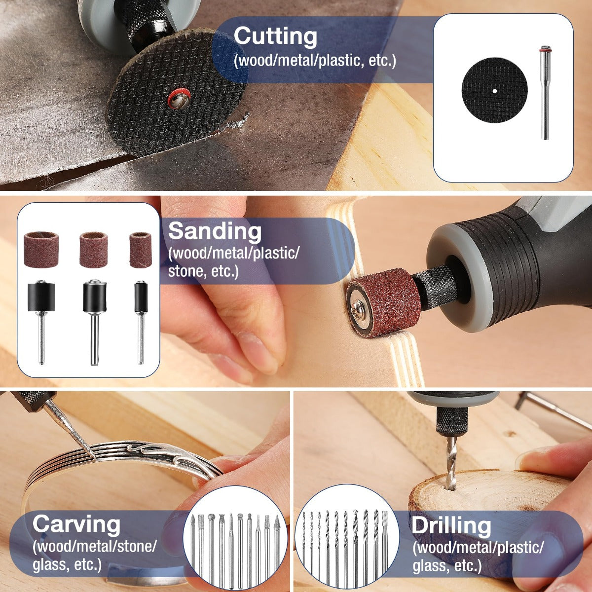 Rotary tool accessories for cutting, sanding, polishing, and cleaning
