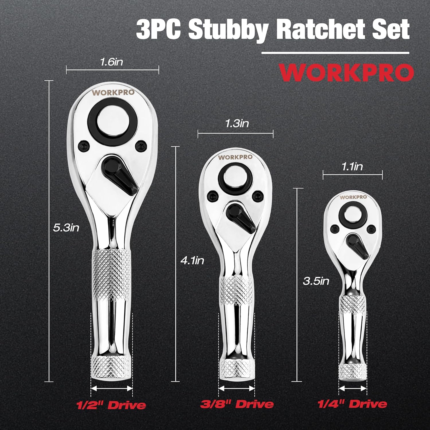 3-piece stubby ratchet set with chrome polished heads and knurled handles, 72-tooth