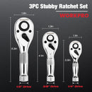 WORKPRO 3-Piece Stubby Ratchet Set, Quick Release Reversible, 1/4", 3/8", 1/2" Drive Mini Ratchet Handles, Chrome Alloy Made, CR-MO Head, 72-Tooth, Full Polished