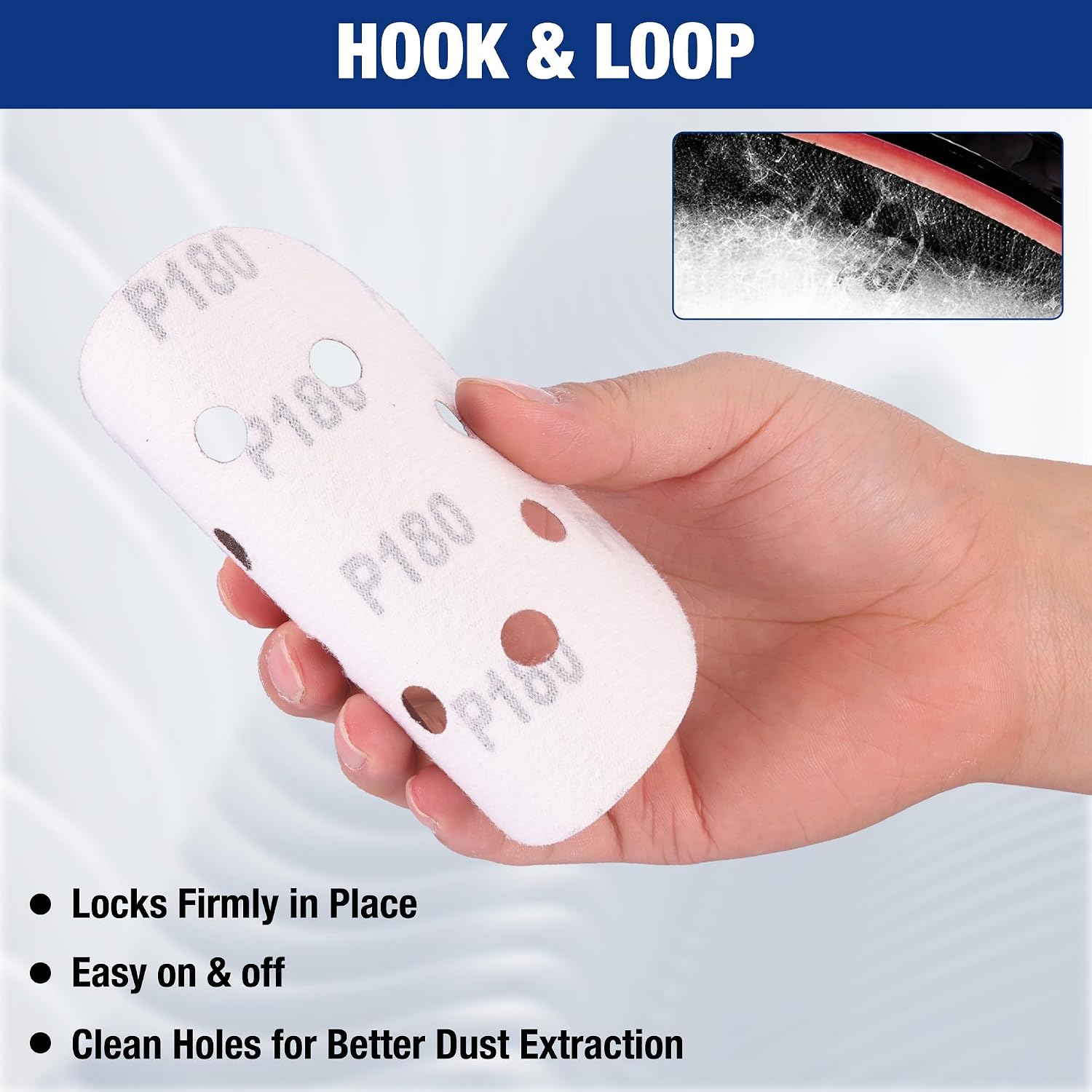 White hook-and-loop sanding disc with 8-hole pattern, circular abrasive pad in hand
