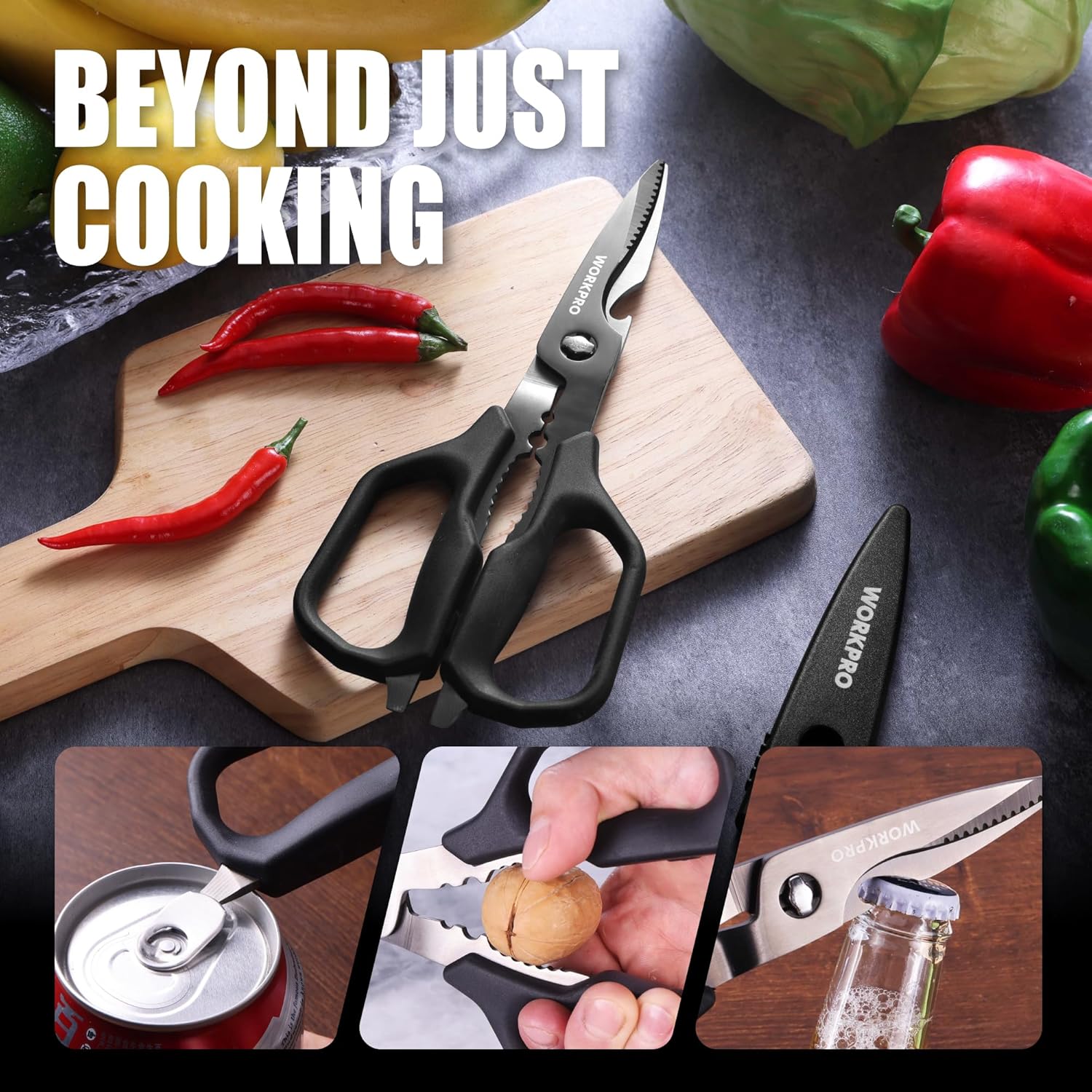 Kitchen scissors with black handles and stainless blades on a cutting board