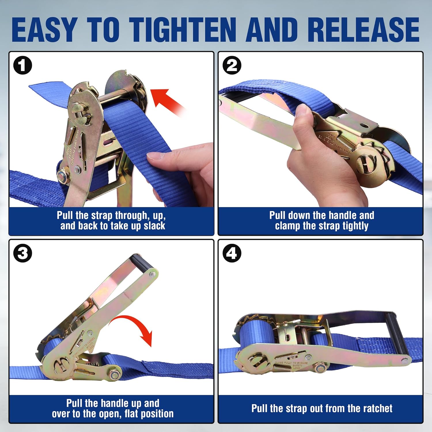 Blue ratchet tie-down strap shown for easy tightening and release