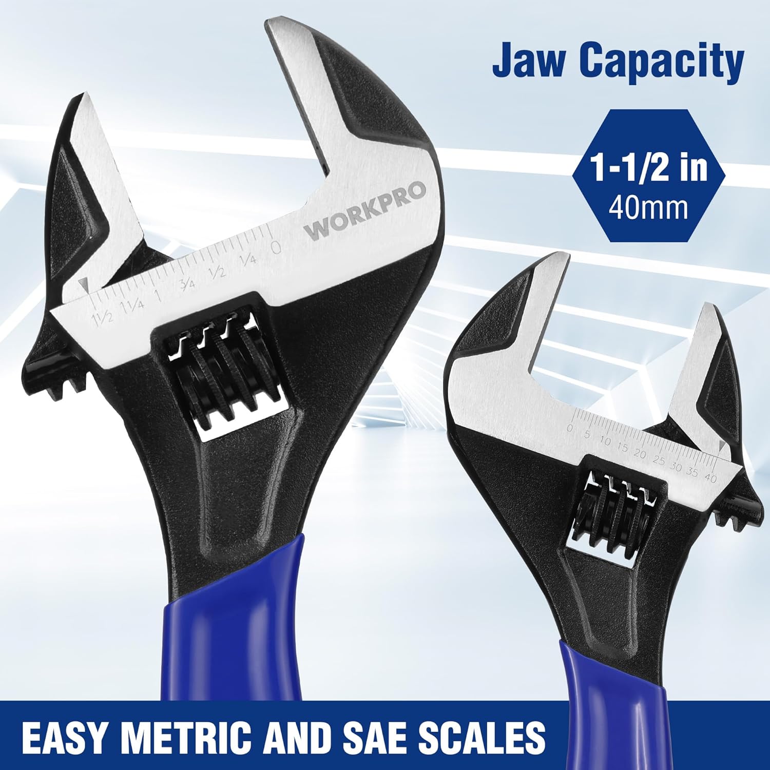 Adjustable wrench jaws open with black head and blue handle for metric and SAE use
