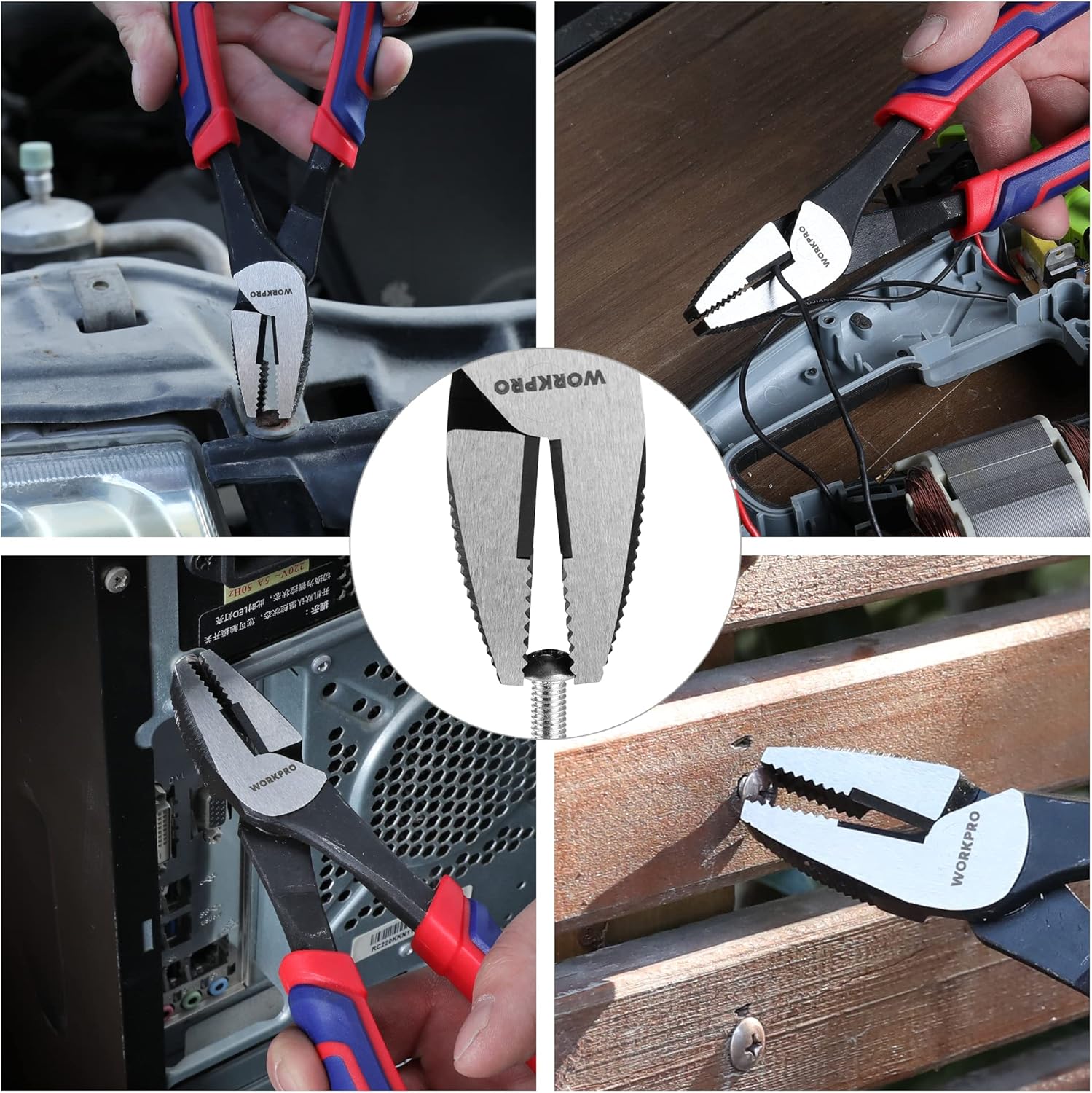 WORKPRO screw extractor pliers in use removing damaged screws from tight spaces