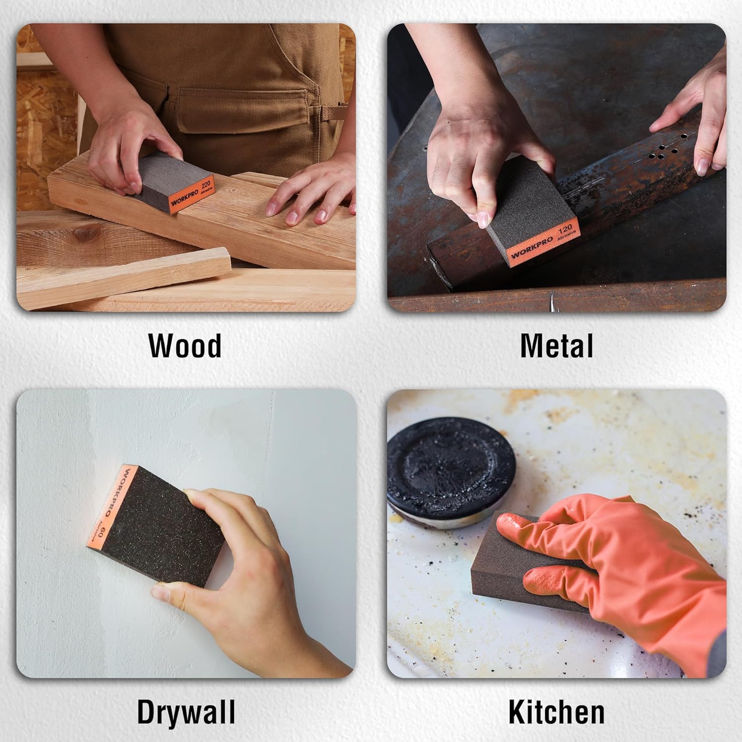 WORKPRO sanding sponge block demo, labels indicate wood, metal, drywall, and kitchen use
