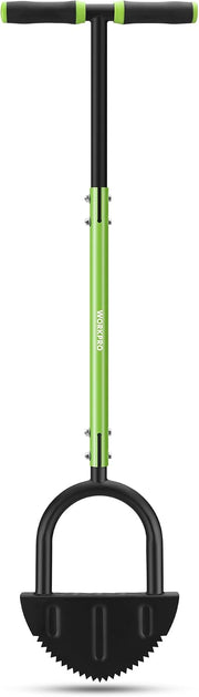 Manual lawn edger with green handle and black half-moon saw-tooth blade