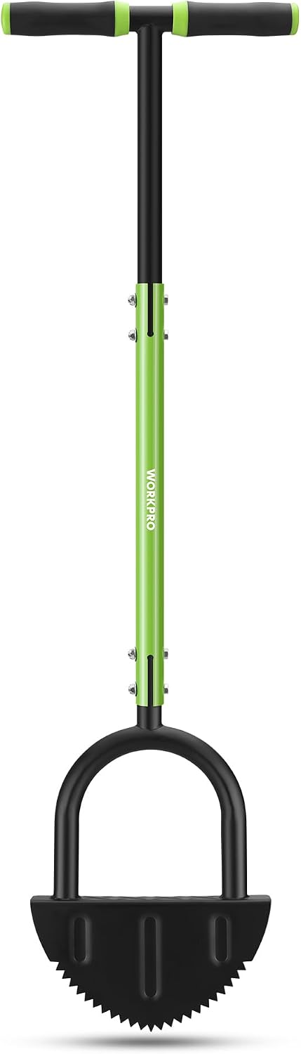 Manual lawn edger with green handle and black half-moon saw-tooth blade