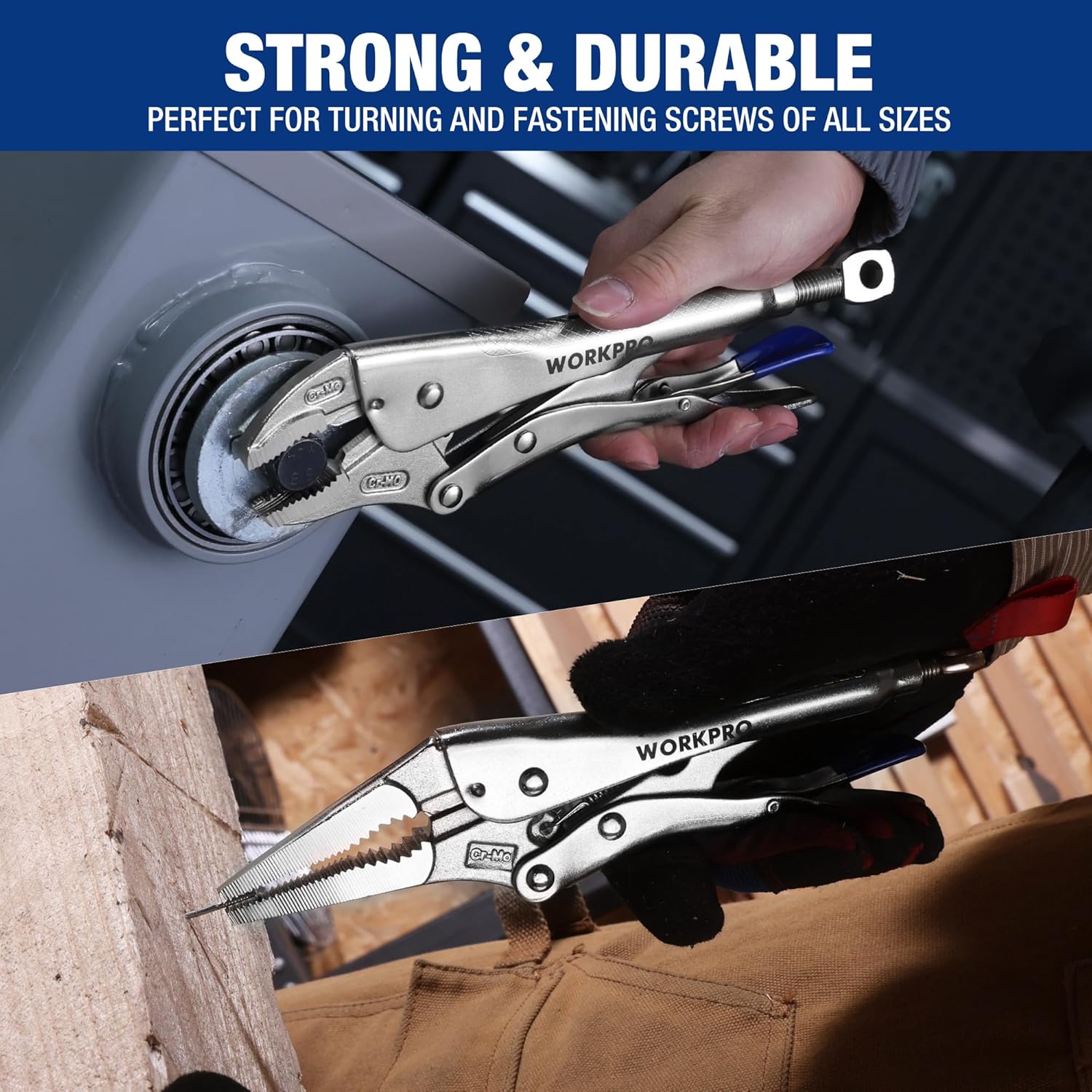 WORKPRO locking pliers clamping and turning screws on metalwork