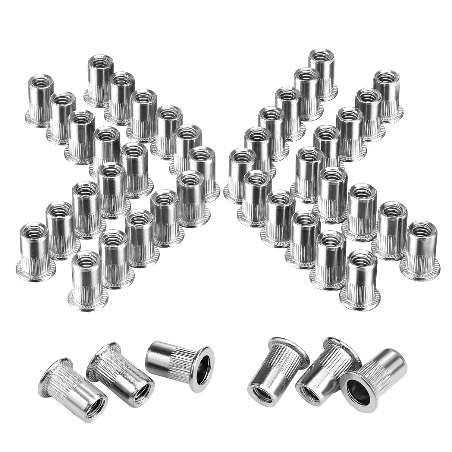 Stainless steel rivet nuts with knurled body, threaded flat-head insert fasteners