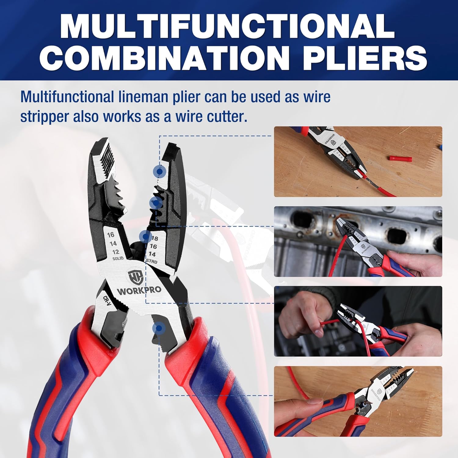 Multifunction combination lineman pliers with serrated jaws and wire stripping cutting edges