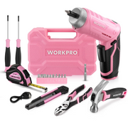 Pink cordless tool kit set with drill, hammer, screwdrivers, and storage case