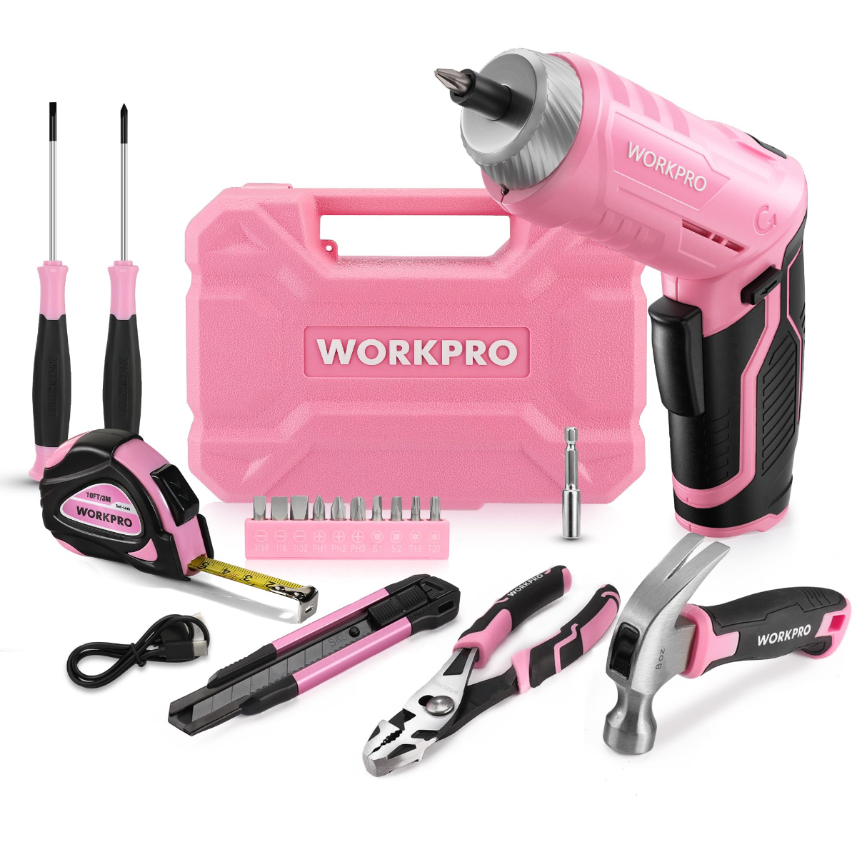 Pink cordless tool kit set with drill, hammer, screwdrivers, and storage case