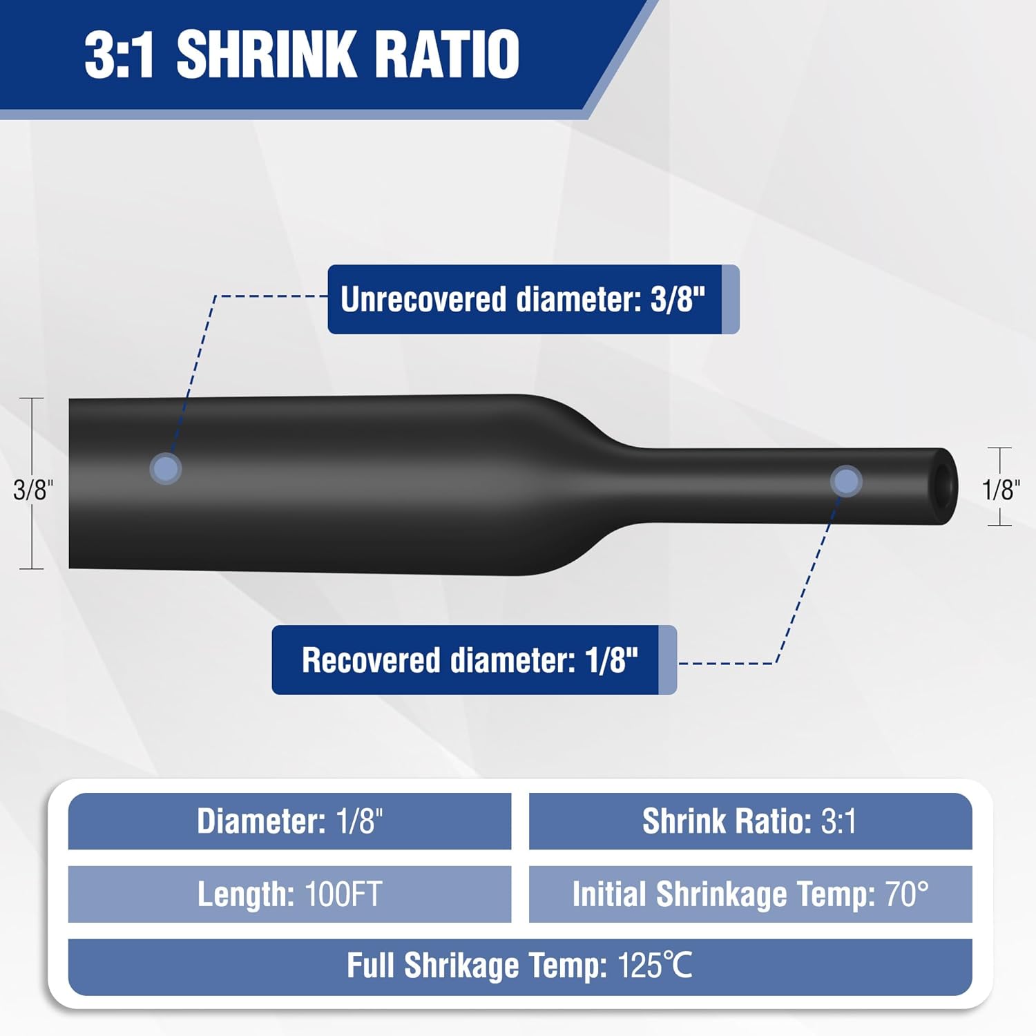 Black heat shrink tubing diagram showing 3/8 in unrecovered and 1/8 in recovered diameter.