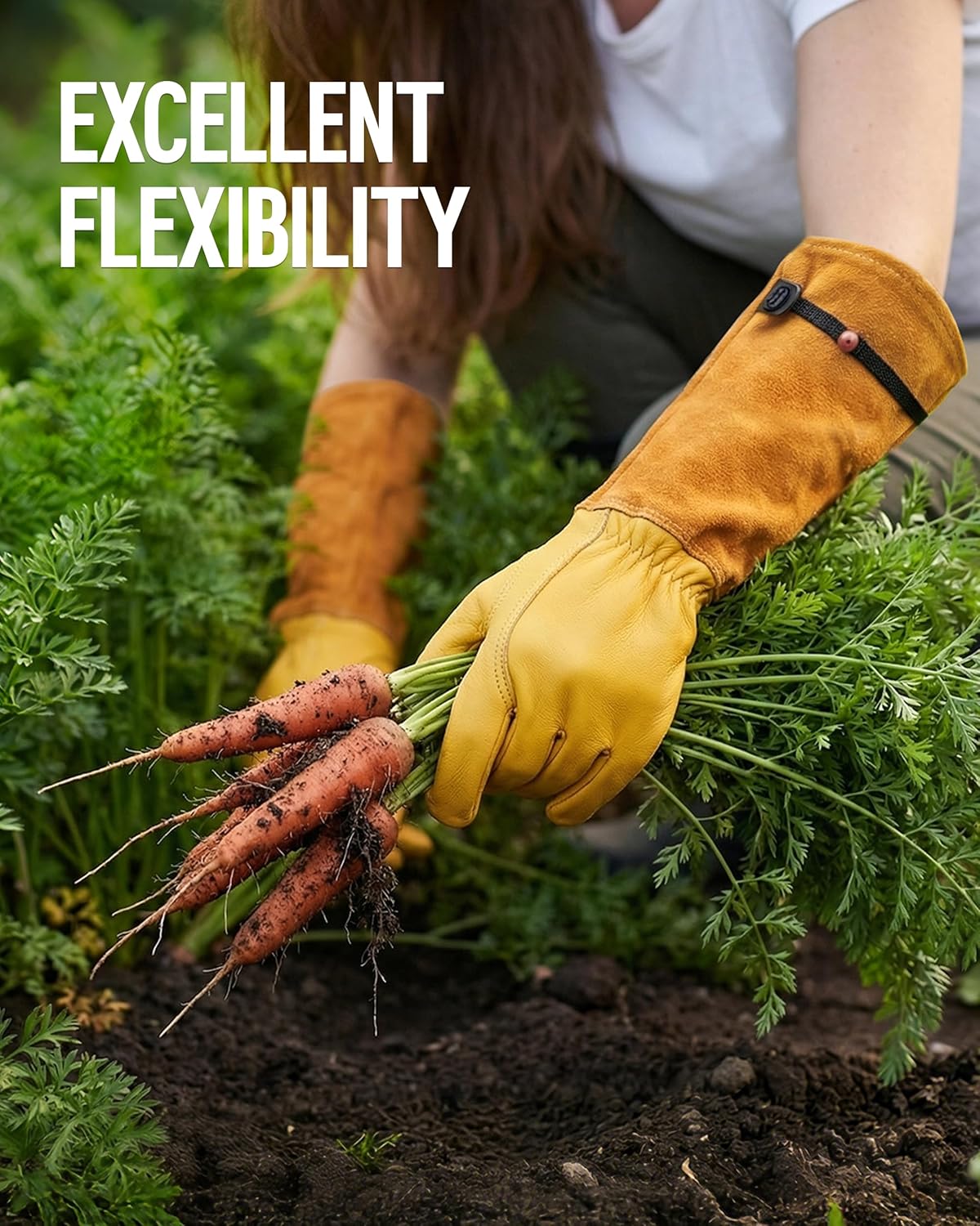 Long yellow and brown gardening gloves with stitched seams and snug cuff closure