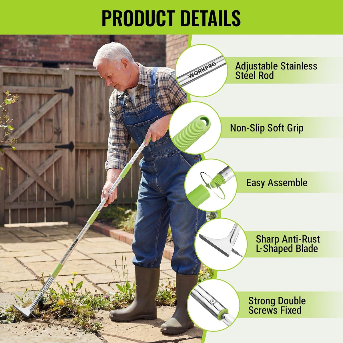Long-handled weed puller with adjustable stainless steel rod and non-slip soft green grip