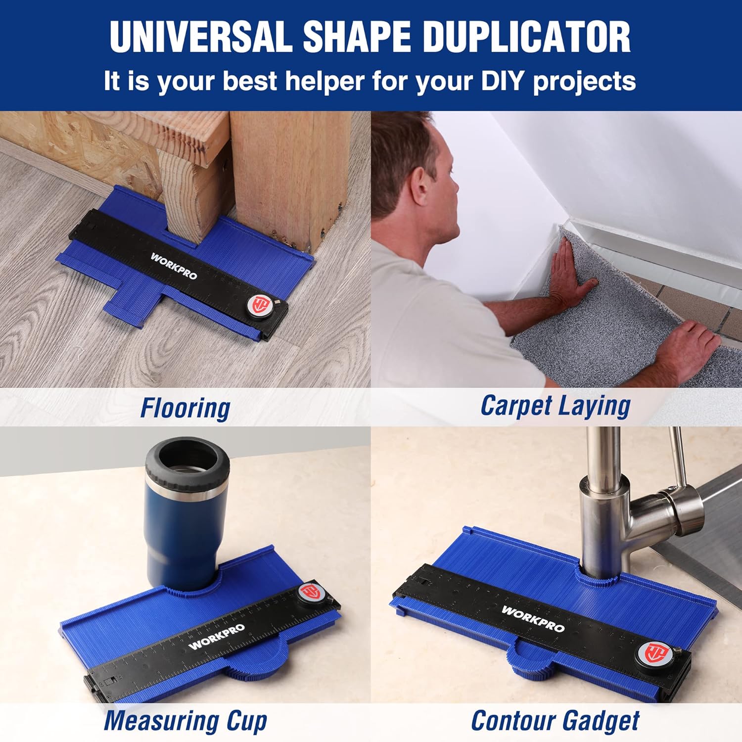 Blue contour gauge tool for flooring and carpet layout with flexible contour base