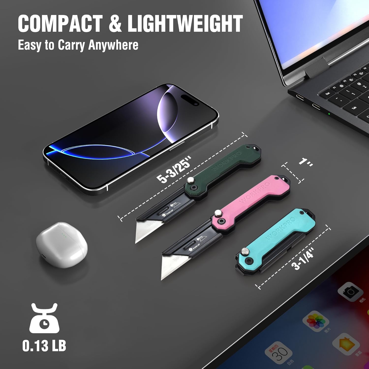 Compact folding utility knife with green G10 handle shown with pink and teal versions
