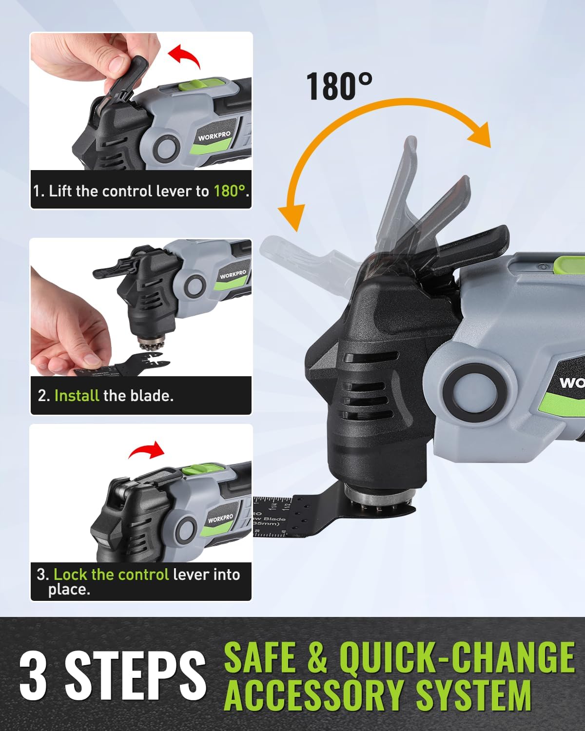 Oscillating multi tool accessory change system with 180° control lever and blade lock