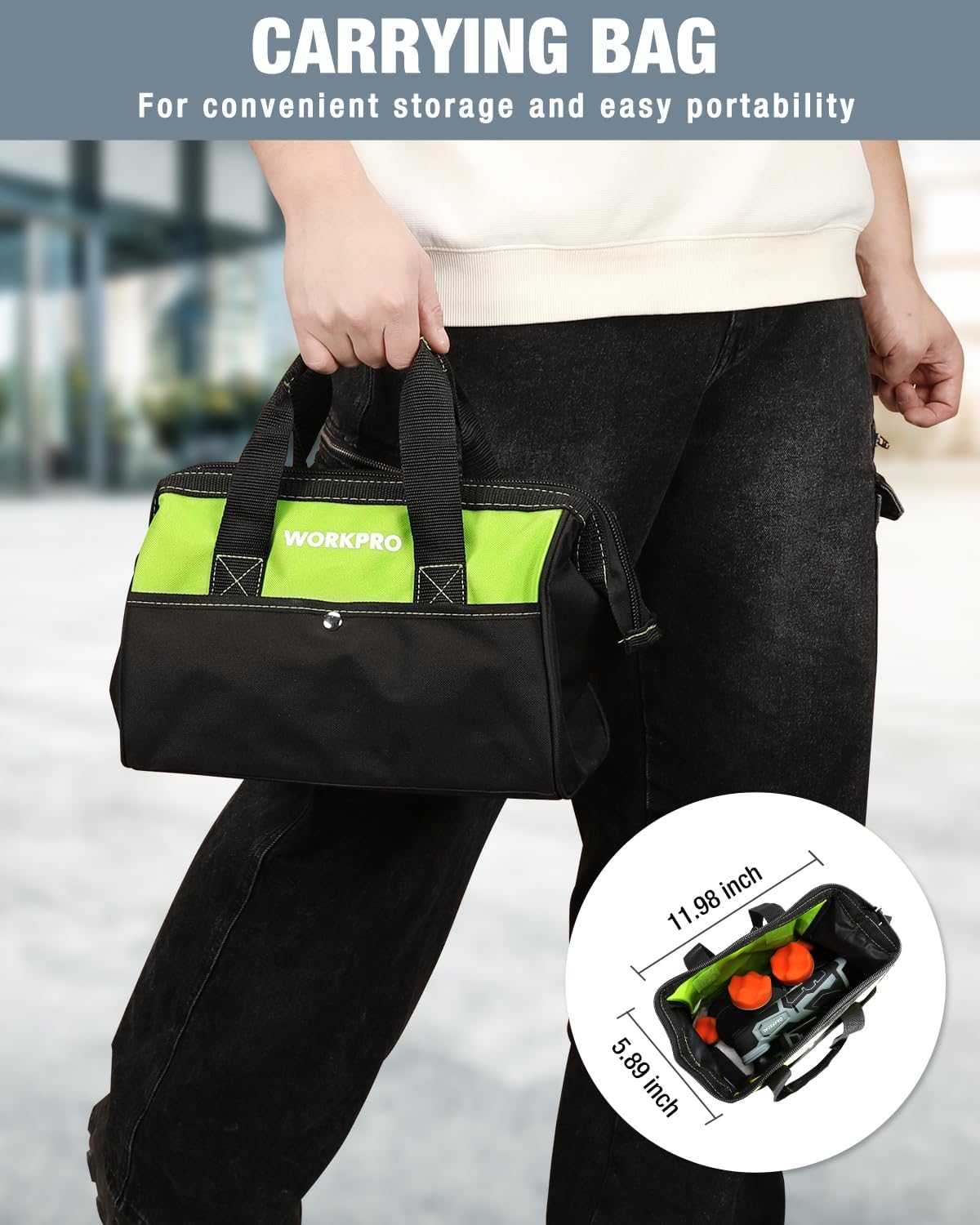 Black and lime carrying bag for cordless buffer polisher with compact storage compartment