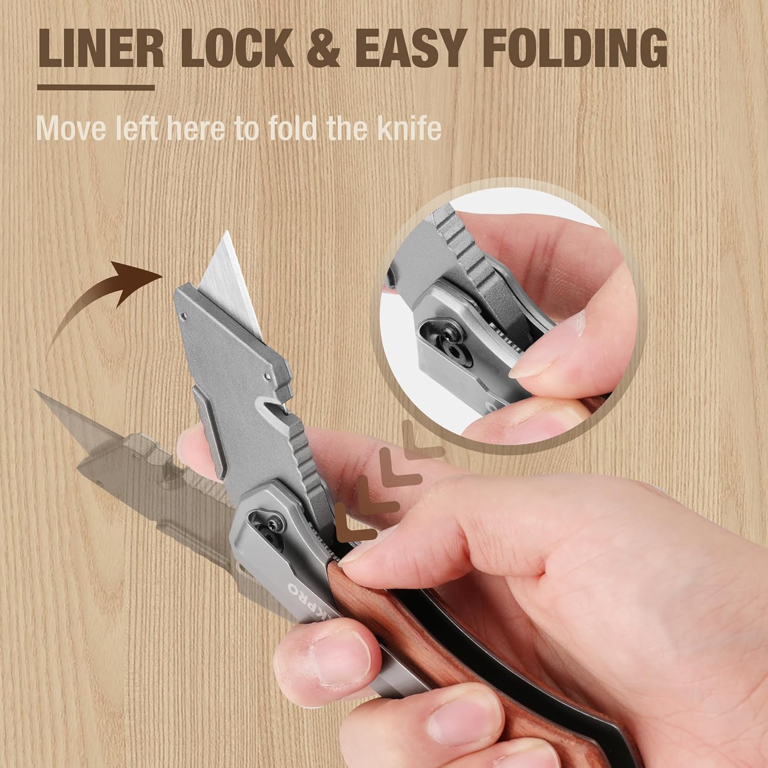 Folding utility knife with wood handle shown during easy folding action