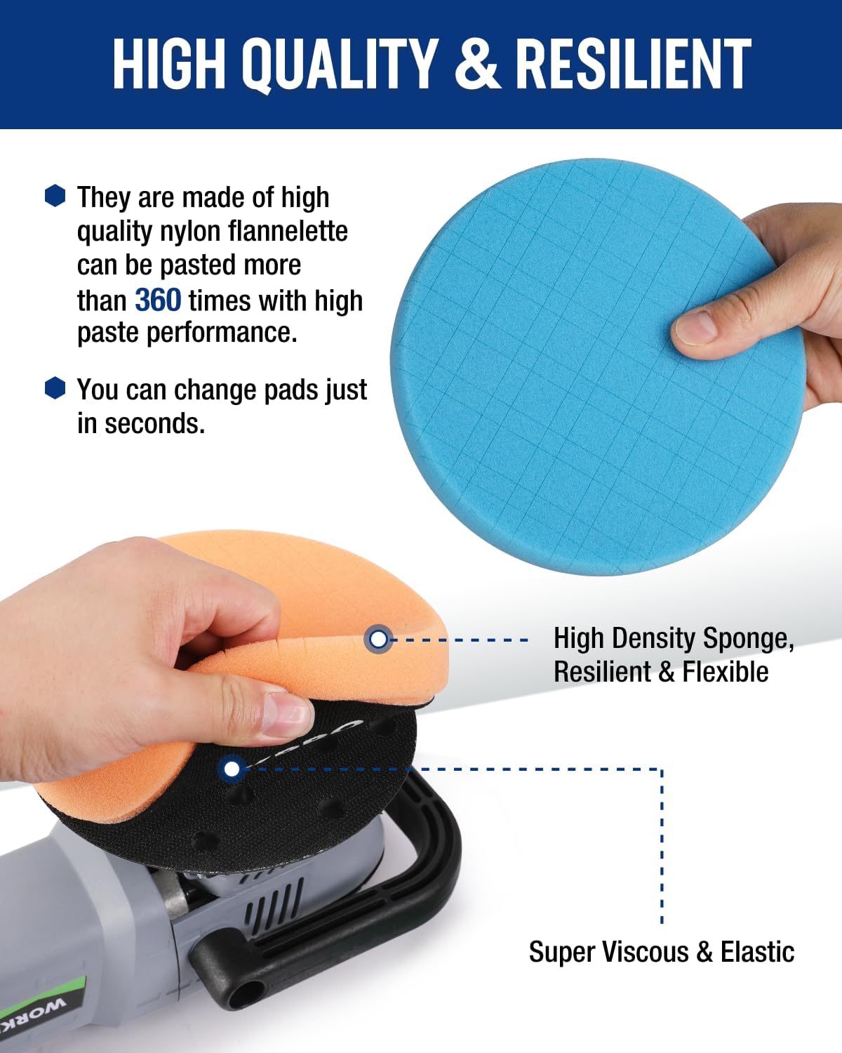 Blue, orange, and black polishing sponge pads with a high-density foam texture.