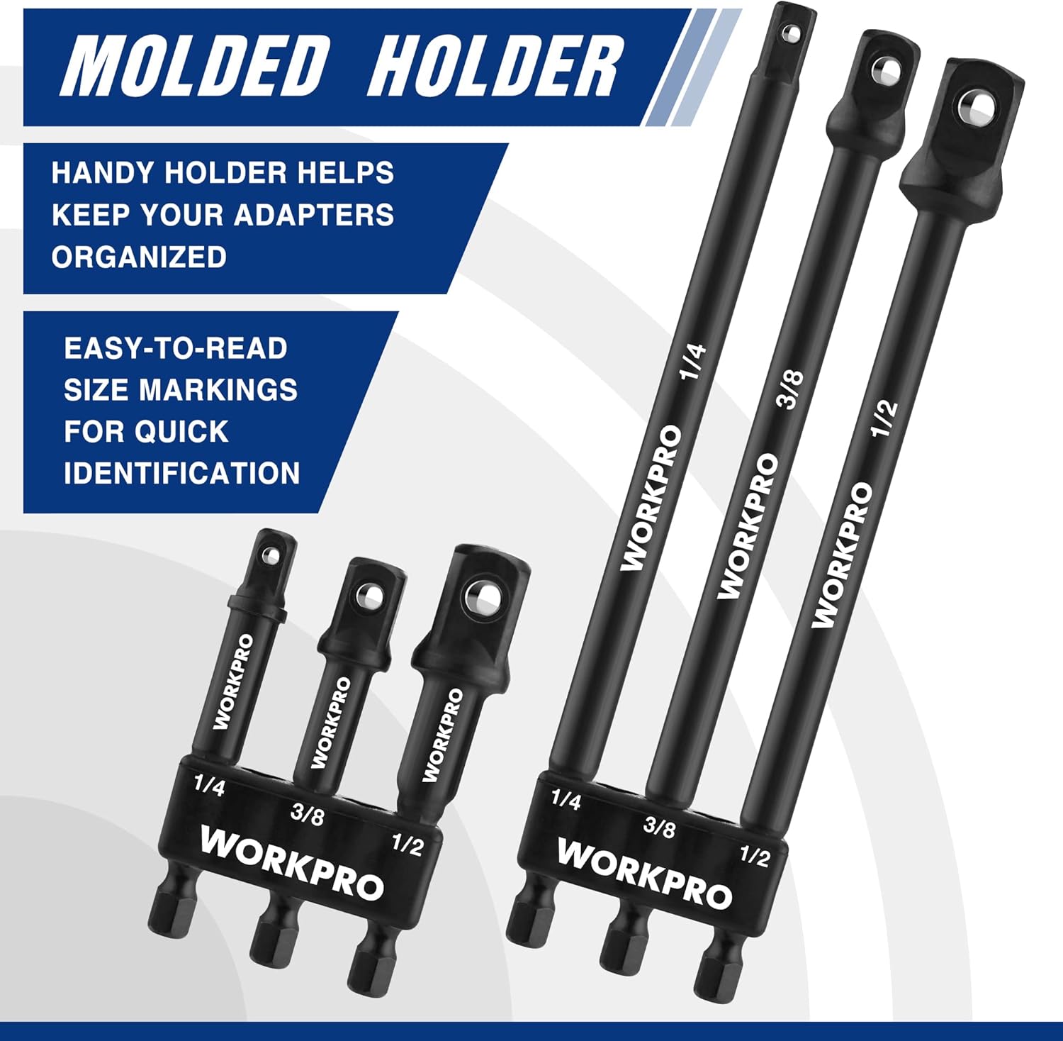 Socket adapter extension set with molded holder and size labels for easy identification