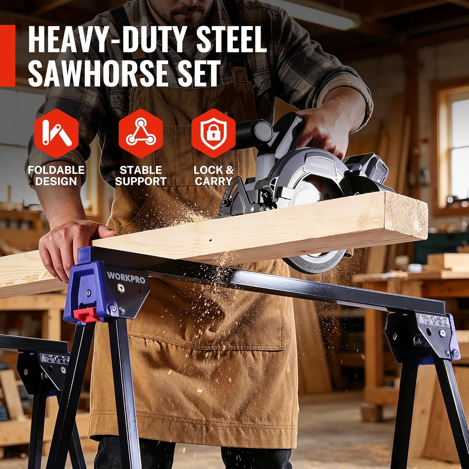Folding metal saw horses with blue clamp brackets holding a wooden plank