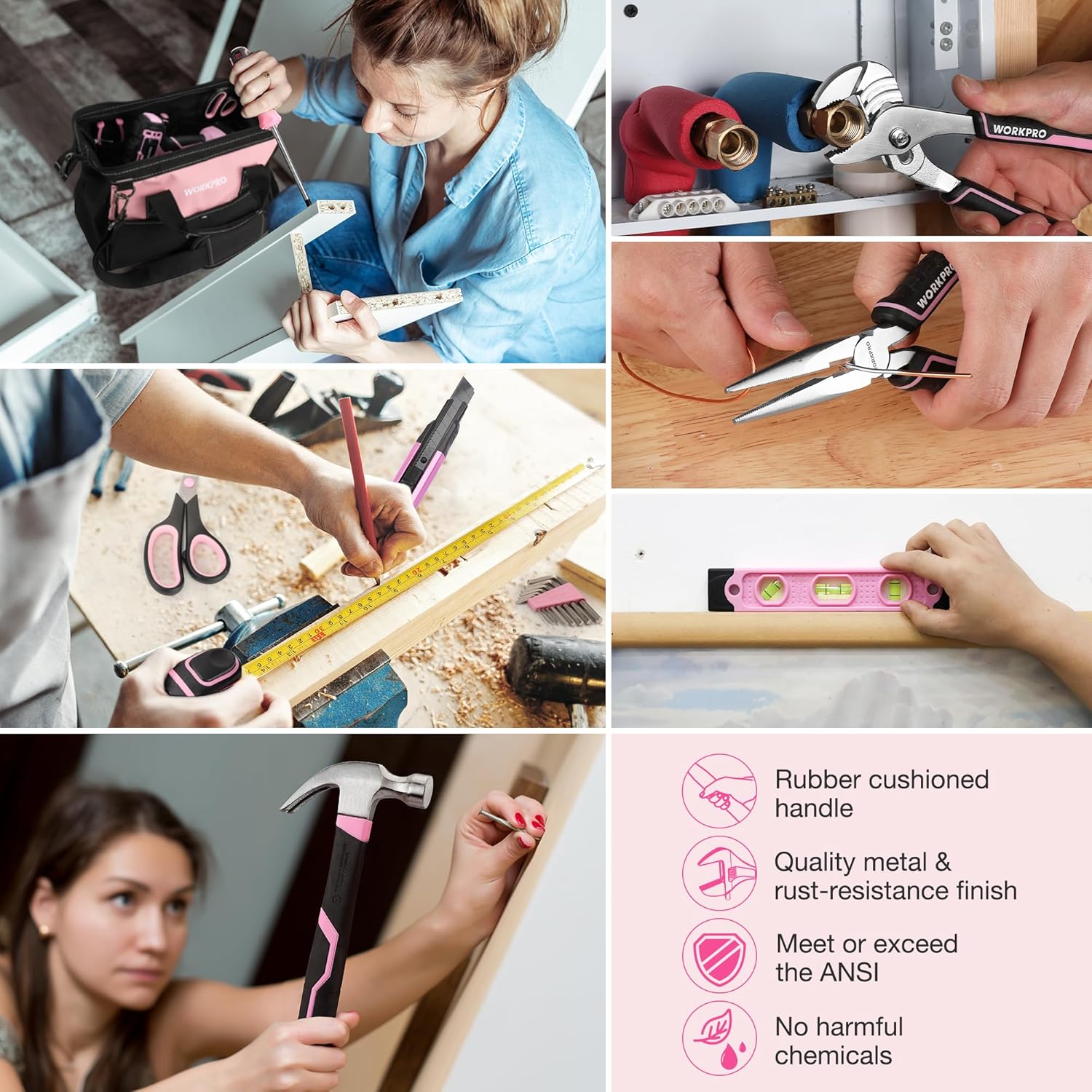 Pink and black tool bag with hand tools shown in use on home repair projects