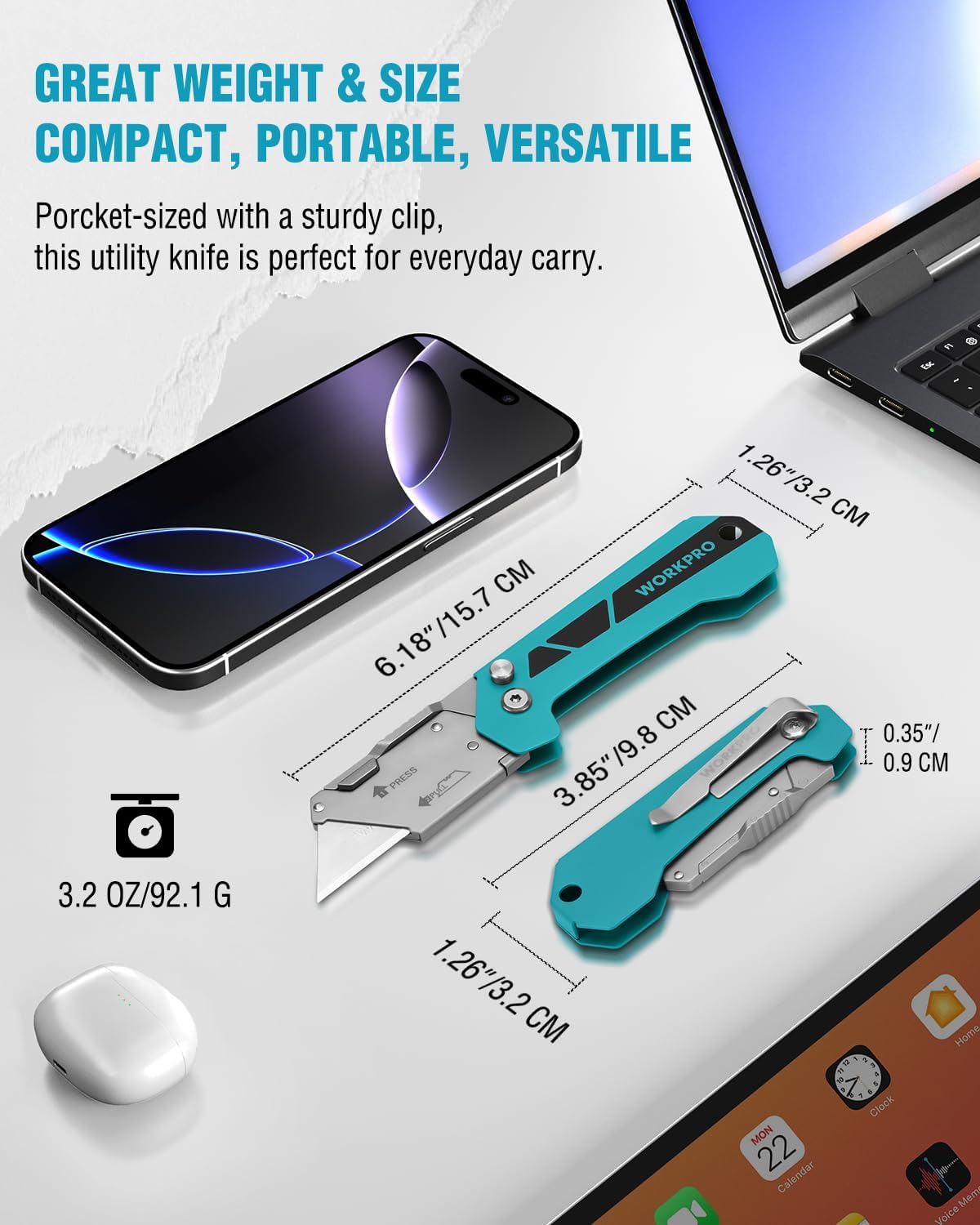 Folding utility knife with teal handle, stowed blade, belt clip, and extra blades