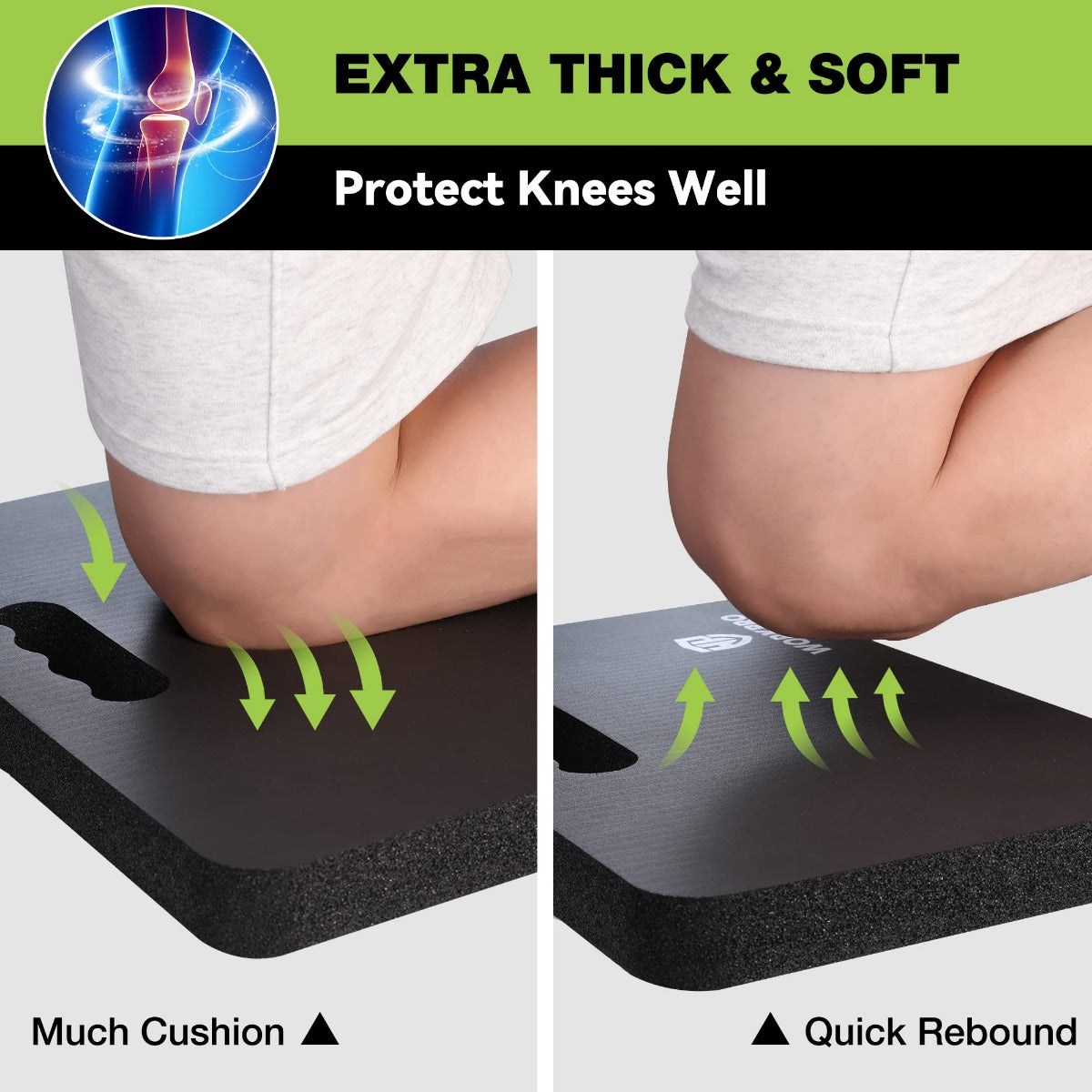 Extra-thick soft foam kneeling pad showing cushioned top and textured underside