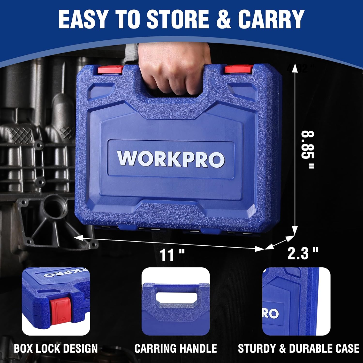 Blue heavy-duty storage case with carrying handle, holding deep impact sockets