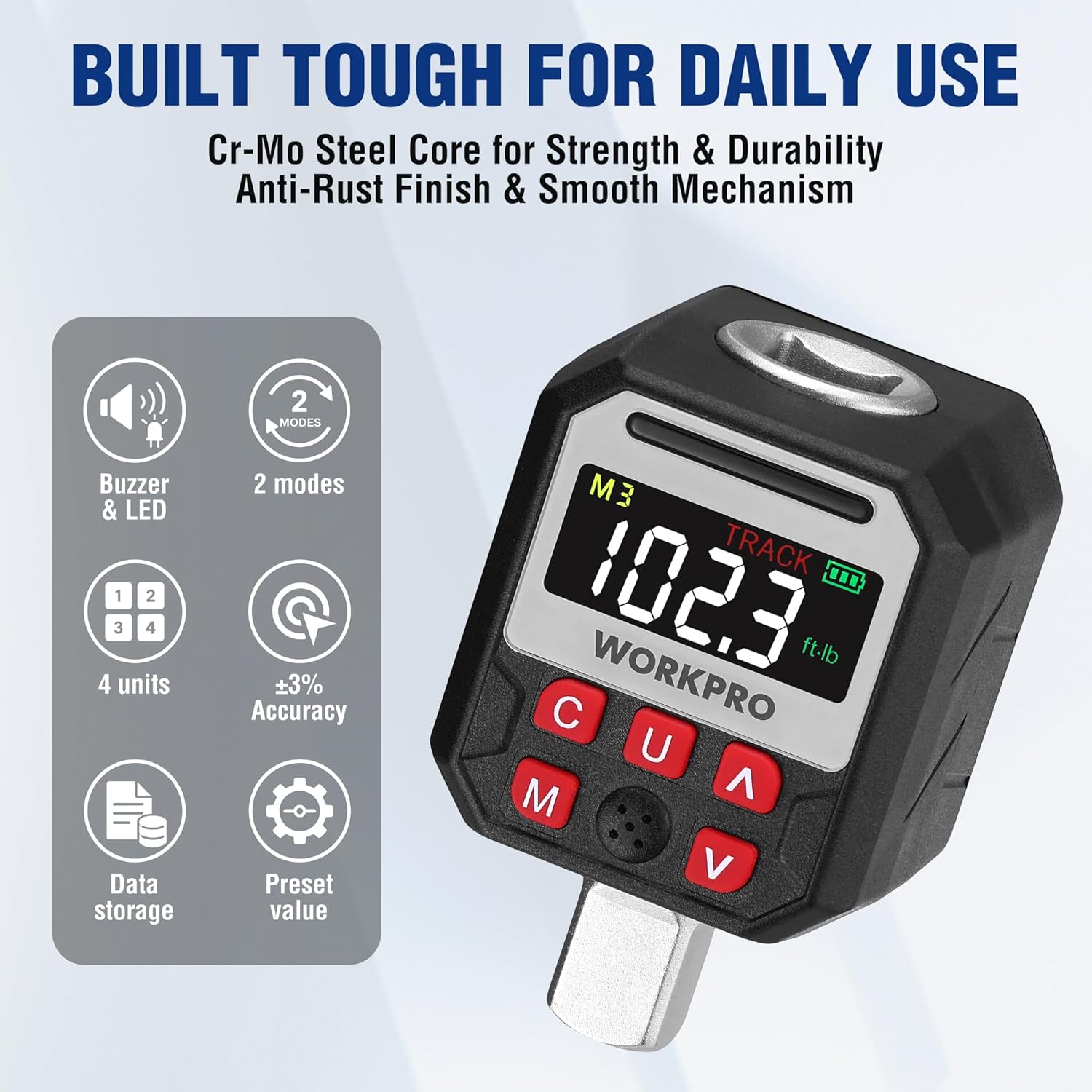 WORKPRO digital torque adapter with LCD screen, track display, and mode buttons