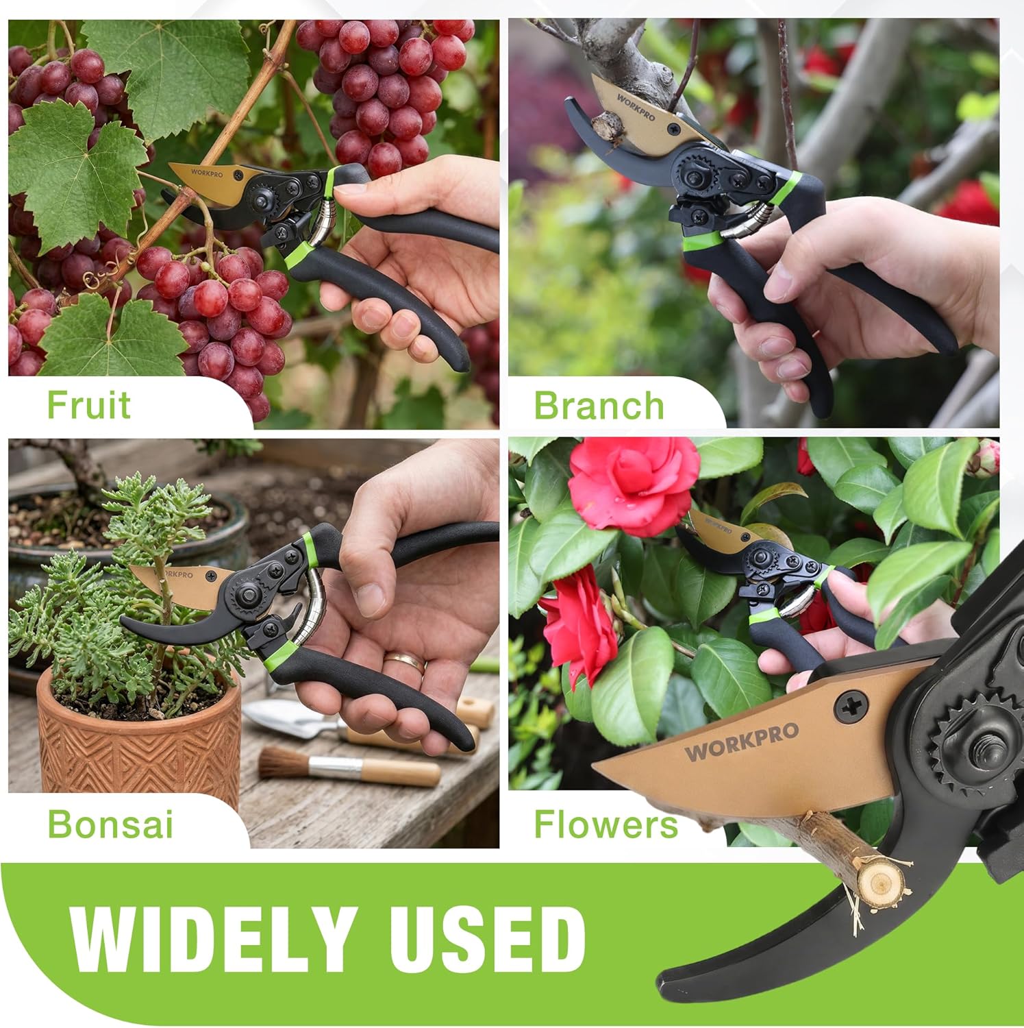 Bypass pruning shears with tan blade and black green-grip handles, cutting garden plants