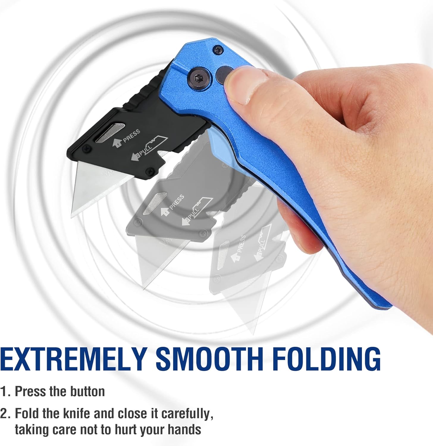 Blue and black folding utility knife held by hand with blade exposed for cutting
