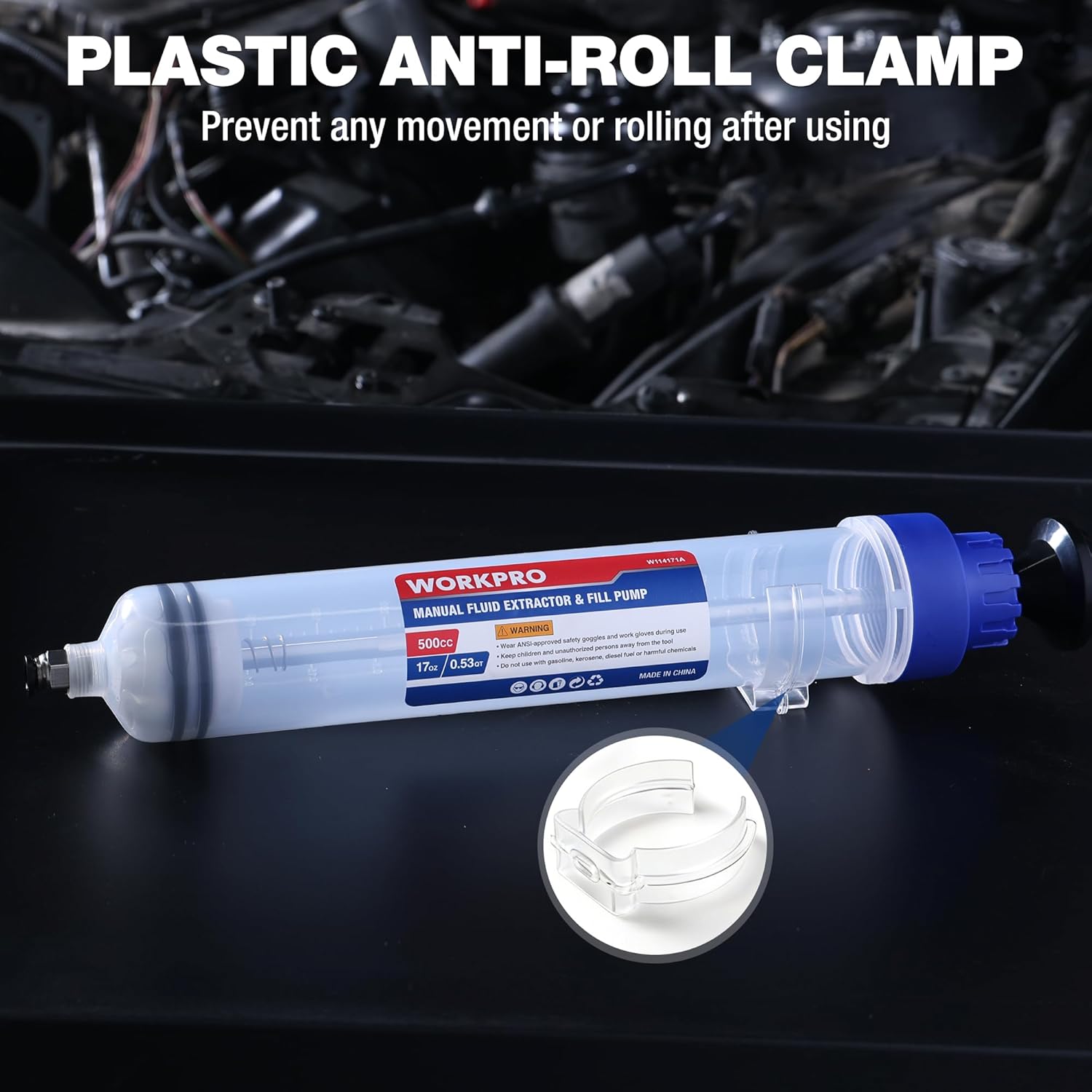 Manual fluid extractor syringe with anti-roll clamp base and blue pump nozzle
