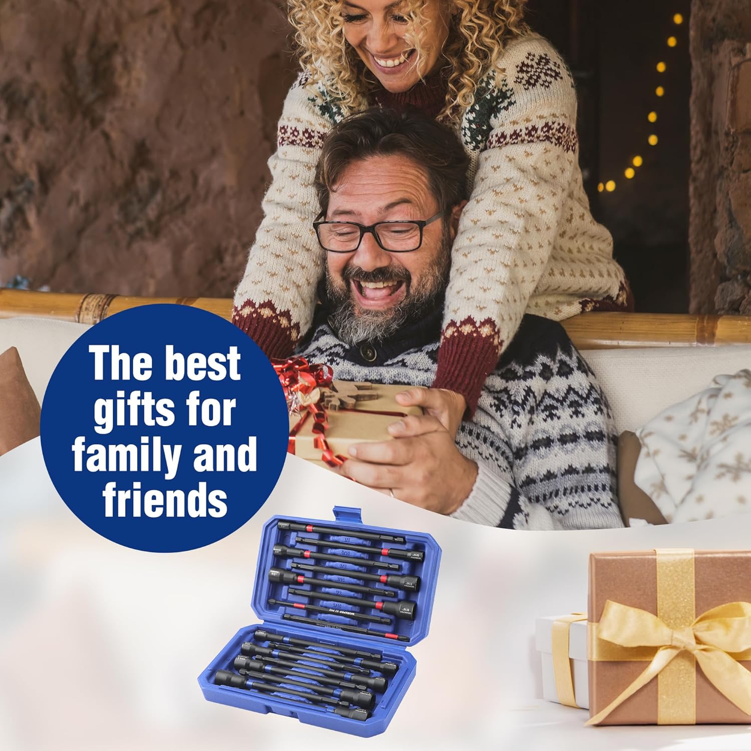 Magnetic nut driver set in blue case with multiple long drivers for storage