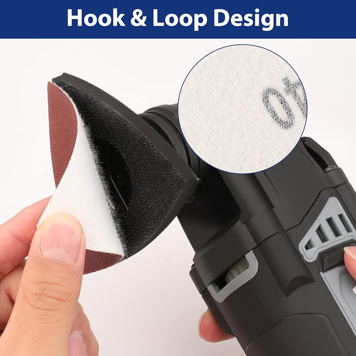 Triangular abrasive sanding pad attached to a black hook-and-loop oscillating tool