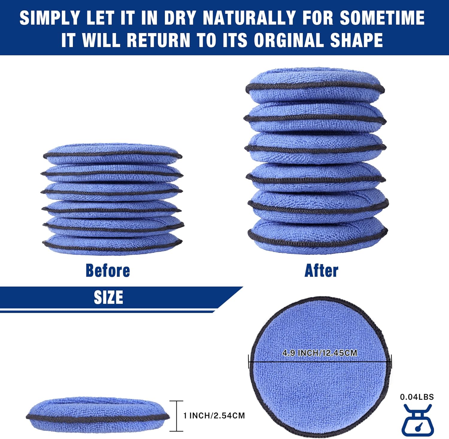 Stack of round blue microfiber applicator pads, shown before and after shape recovery