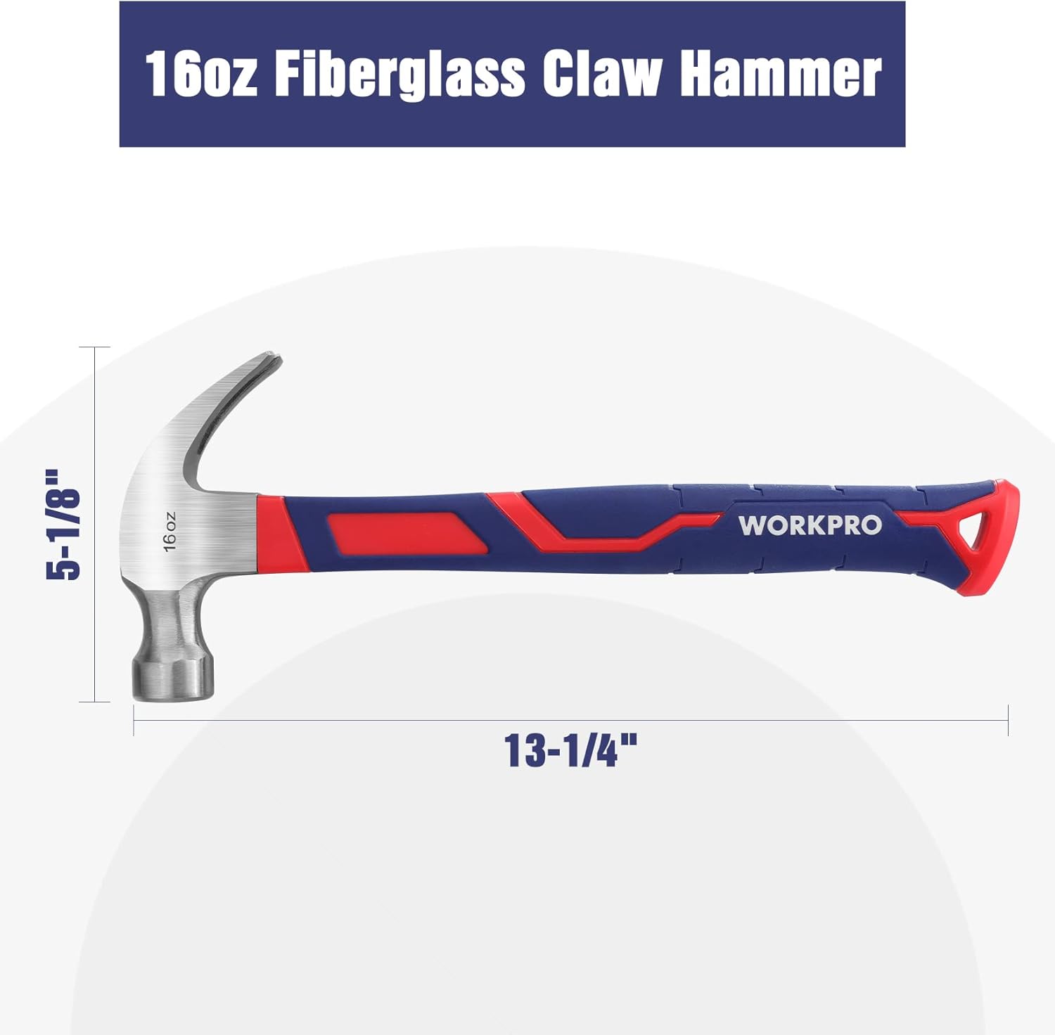 16 oz claw hammer with fiberglass handle, steel head, blue and red design